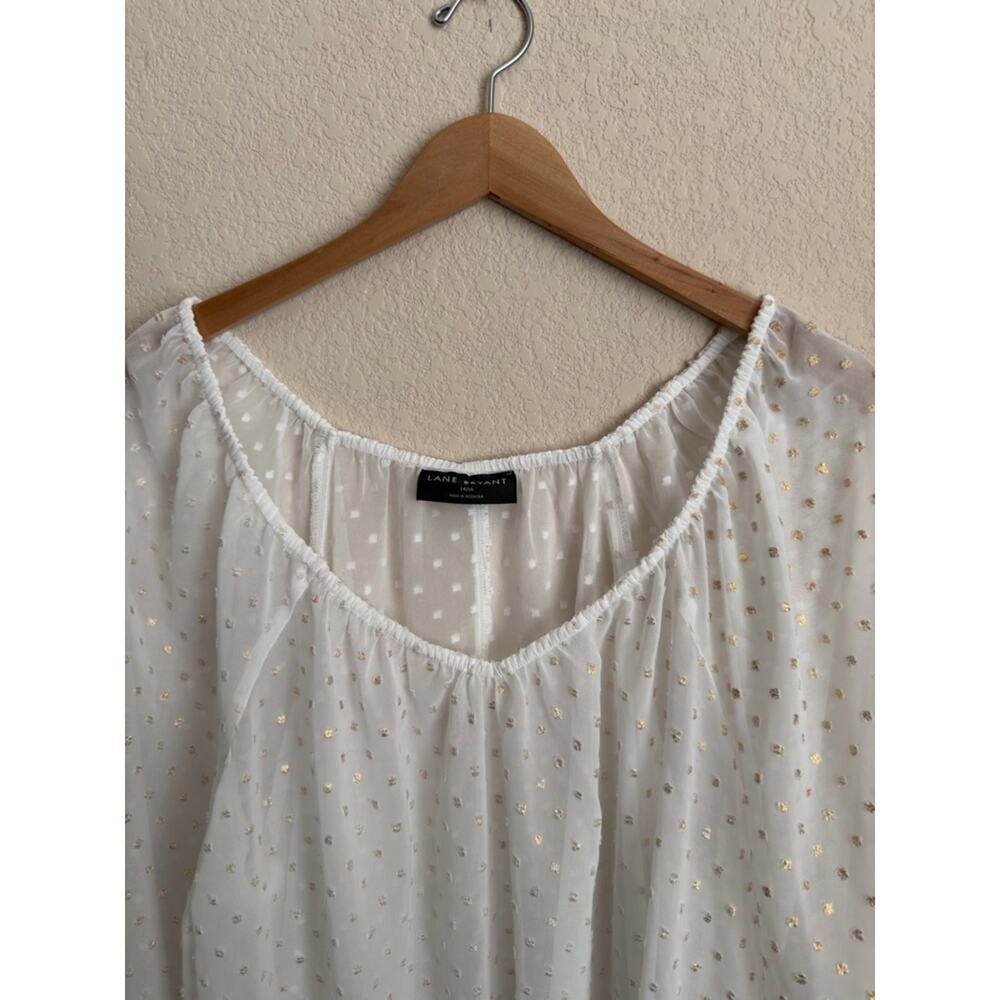 Lane Bryant Metallic Swiss Dot Peasant Blouse 14/16 White Gold Sheer Boho Top - Picture 8 of 10